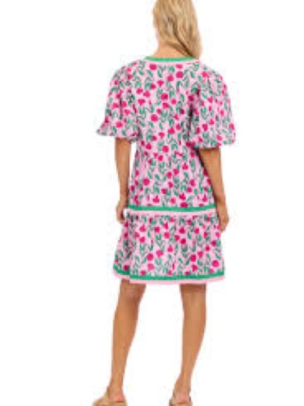 Mud Pie Pink Floral Tiered Dress with Green Trim - Picture 6 of 7